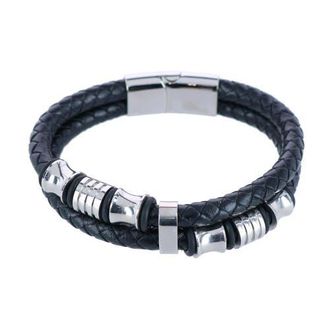 Trafalgar Store Silver and Leather Double Band Secure Clasp Bracelet in Black And Silver at Nordstrom