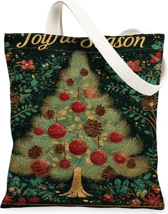 Generic Christmas Tree Canvas Tote Bags, Floral Design Reusable Grocery Bags, Winter Vintage Lightweight Washable Shoulder Strap to, Green, 13x15 Inch