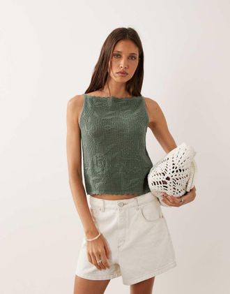 Abercrombie & Fitch Top senza maniche in maglia verde a fiori con scollo squadrato