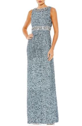 Mac Duggal Sequined Sleeveless Embellished Neckline Gown in Slate Blue at Nordstrom, Size 14