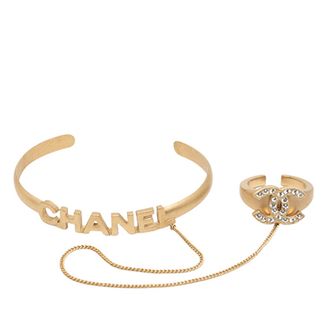 Chanel Pre-owned Womens Cc Gold Plated Rhinestone Logo Cuff Bracelet And Ring Set - Beige - One Size