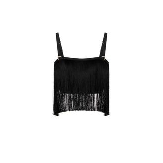 Elisabetta Franchi Sleeveless Tops, female, Black, Size: M Tulle Top with Fringes