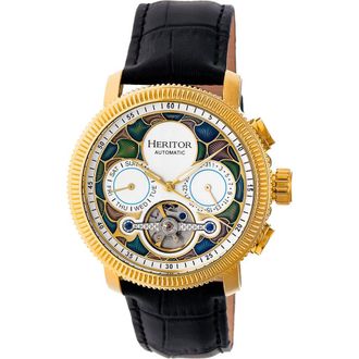 Heritor Aura Mens Semi-Skeleton Leather-Band Watch in Gold/white at Nordstrom