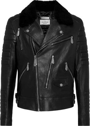 Philipp Plein Giacca biker con collo in shearling - Nero