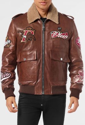 Philipp Plein Bomber Aviator di pelle con patch logo