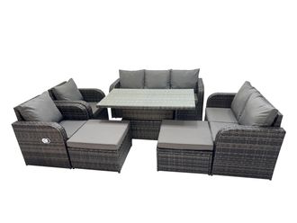 Fimous Rattan Garden Furniture Dining Set 9-seater with Big Footstool in Dark Grey