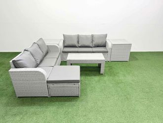 Fimous Outdoor Garden Furniture Sets 7 Seater Wicker Rattan Furniture Sofa Sets w/ Oblong Coffee Table high Back Lounge Sofa Big Footstool 2 Side