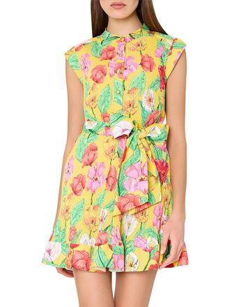 Milly Joan Tulip Rosette Pleated Dress In Yellow Multi