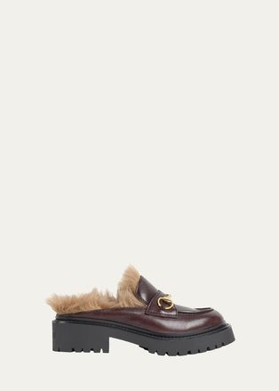 Gucci Rhodi Leather & Shearling Horsebit Mules