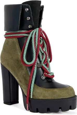 Azalea Wang Muffle Lace-Up Block Heel Bootie in Green Multi at Nordstrom, Size 8.5