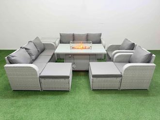 Fimous PE Rattan High Back Lounge Sofa Set Patio Firepit Dining Table & Chairs Set w/ 3 Seater Sofa Reclining Chair 2 Big Footstool Side Table Light