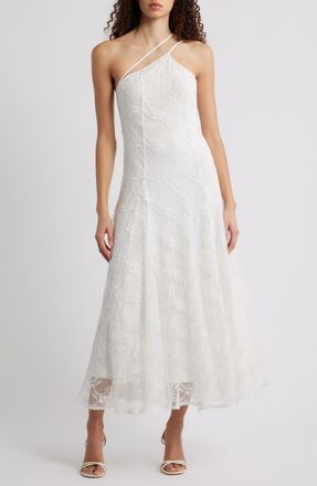 Black Halo Athena Crimped Lace One-Shoulder Midi Dress in Chantilly White at Nordstrom, Size X-Large