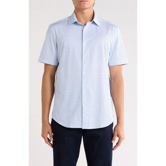 Bugatchi Micro Dot Print Stretch Cotton Short Sleeve Button-Up Shirt in White/blue at Nordstrom Rack, Size Xxx-Large