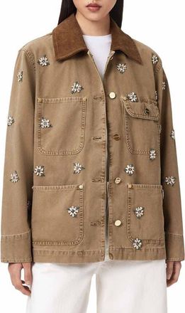 AllSaints Bex Embroidered Detail Denim Jacket in Vintage Sand Brown at Nordstrom, Size X-Small
