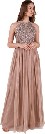 Maya Womens Womens Ladies Maxi Halter Neck Sequin Embellished Prom Graduation Weddi Bridesmaid Dress, Taupe Blush, 10 UK