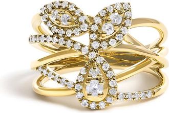 House of Brilliance 10K Yellow Gold 1/2 Cttw Diamond Crossover 3 Leaf Floral Cocktail Ring Band
