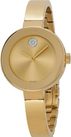 Movado Bold Yellow Gold Tone Crystal Bangle Womens Watch 3600201
