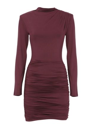 Rotate Fitted Burgundy Draped Dress With Padded Shoulders