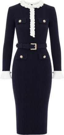 Self Portrait Navy Knit Flower Ribbed Floral Belted Midi Dress