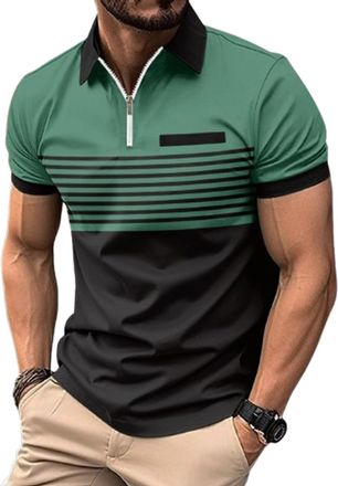 Generic Striped Polo Shirts for Men Adult Zipper Golf Polo Shirt Business Work Fashion Mens T-Shirts Breathable (UK, Alpha, L, Regular, Regular, Green)