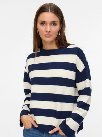 Vero Moda Strickpullover VERO MODA VMSILJE LS O-NECK BOXY PULLOVER NOOS, Damen, Gr. M, blau (navy blazer stripes:birch), Strick, Obermaterial: 77% Viskose, 23% 