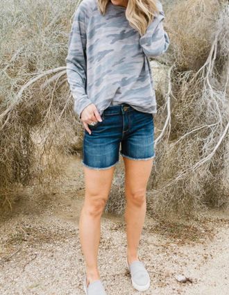 Elan Lace-Up Back Sweatshirt In Blue Camo