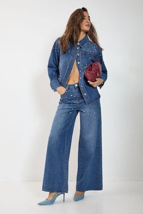 NASTY GAL Womens Denim Jewel Baggy Jeans - Blue Cotton - Size 10 UK