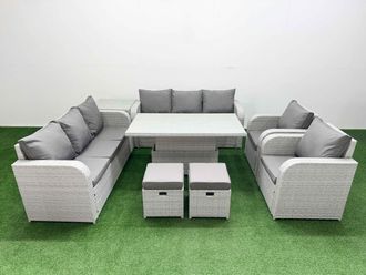 Fimous PE Rattan High Back Lounge Sofa Set Patio Adjustable Lifting Dining or Coffee Table & Chairs Set w/ 3 Seater Sofa Reclining Chair Stools Side