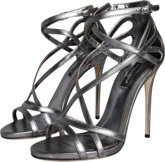Dolce & Gabbana Womens Silver Keira Leather Heels Sandals Shoes Lamb