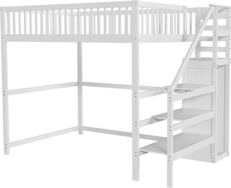 STILVORA Cama Alta 140 X 200 Cm Con Escalera, Armario Y Barandilla, Sin Colch&oacute;n, De Madera, Blanco
