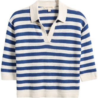 Seasalt Cornwall Gwynver Stripe Johnny Collar Sweater in Knit Cornish Dark Voyage Chalk at Nordstrom, Size 14 Us