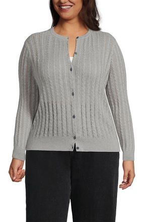 Lands End Cotton Pointelle Modern Cardigan Sweater in Gray Heather at Nordstrom, Size 3X