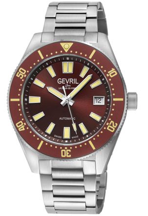 Gevril Group Mens Mariner Row Automatic, SS Case, Brown Bezel, Black Dial, 316L Stainless Steel Satin Bracelet Watch - Silver - One Size