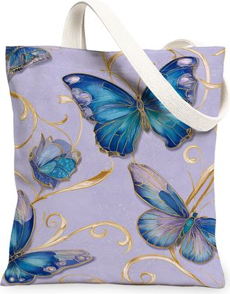 Generic Elegant Vintage Butterfly Canvas Tote Bags, Floral Pattern Reusable Grocery Bags, Lightweight Washable Shoulder Strap, Violet, 13x15 Inch