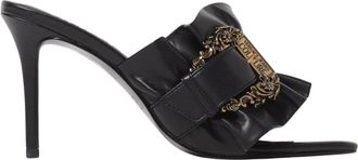 Versace Jeans Couture Schoenen, Dames, Zwart, 38 EU, Leer, Sandalen met Ruches en Hoge Hak