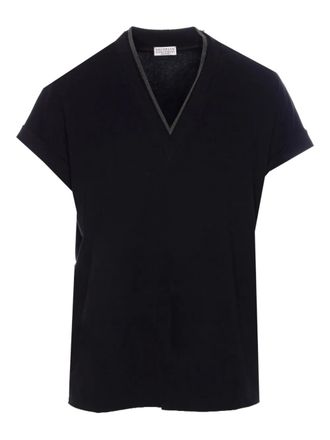 Brunello Cucinelli v-neck top with metallic detail at neckline - Black