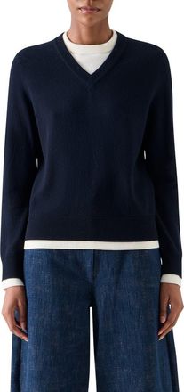 Akris Layered Look Virgin Wool & Cashmere Sweater in Navy-Cream at Nordstrom, Size 12