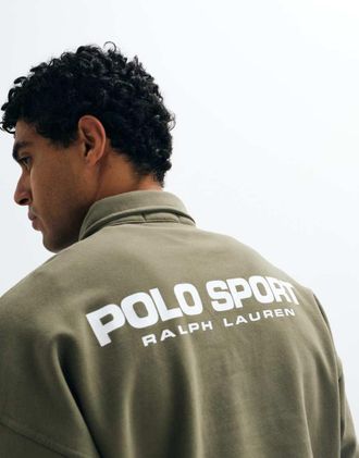 Polo Ralph Lauren felpa sportiva con stampa sul retro e zip corta in verde oliva