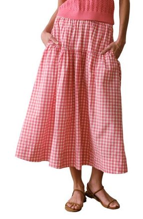Marine Layer Gia Poplin Tiered Maxi Skirt in Cherry Gingham at Nordstrom, Size X-Large