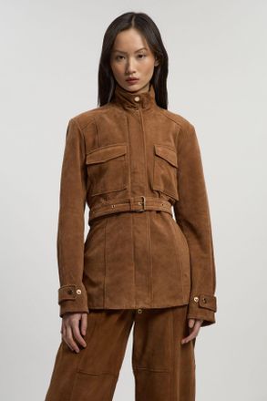 Karen Millen Womens Suede Utility Jacket - Beige Leather - Size 14 UK