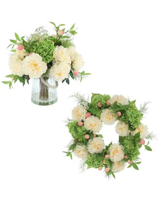 Creative Displays Inc. 23In Spring Wreath & Centerpiece With Real-Touch Hydrangeas, Peonies & Peaches