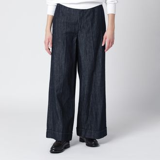 Max Mara Pantalone dritto in denim di cotone e lino blu notte