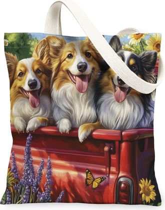 Generic Spring Yorkie Dog Canvas Tote Bag for Shopping 13x15, Truck Garden Daisy Scenic Puppy Reusable Grocery Print Bag for Women, Pet Beach Aesthetic Painti