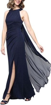 Alex Evenings Metallic Knit Halter Gown in Dark Navy at Nordstrom, Size 14