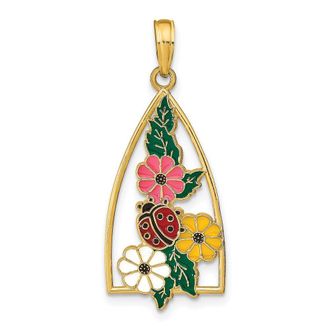 Diamond2Deal 14k Yellow Gold Enameled Ladybug Flowers Triangle Pendant