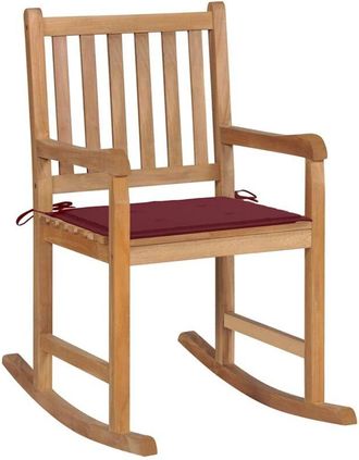 vidaXL Vidaxl - Silla Mecedora De Madera Maciza De Teca Con Coj&iacute;n Rojo Tinto