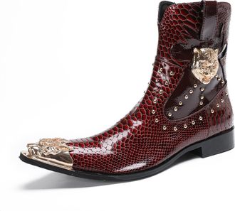 Generic Men Chelsea Boots Casual Fashion Dress Ankle Boot Genuine Leather Western Boot Metal Pointed Toe Zipper Snake Print Party Wedding Disco Singer Cowboy 