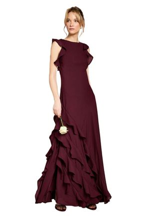 Coast Honoured Ruffle Georgette Maxi Bridesmaid Dress, 14, Malbec
