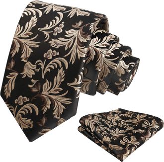 Alizeal Mens 8cm Floral Ties with Handkerchief for Formal Wedding Flower Necktie Set, Black+Khaki+Brown