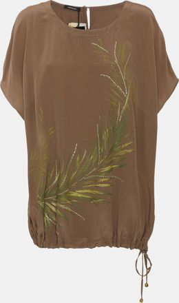 Elena Miro Khaki Crepe Rhinestone Embellished Top